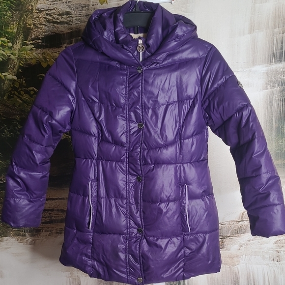 Michael Kors Girls 10/12 Deep Purple Iris Puffer Warm Winter Jacket with Hood